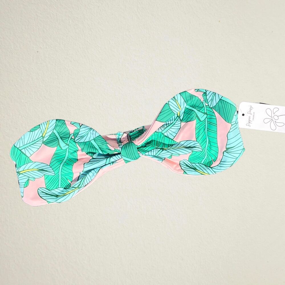 Pink green palm leaf tropical strapless bikini top Dippin Daisys NWT size small